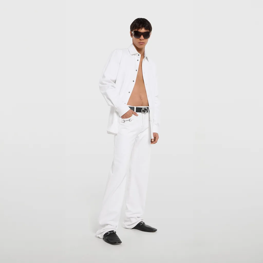 Cotton Denim Pants With Horsebit Detail