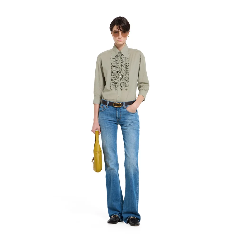 Flared Stretch Cotton Denim Trousers