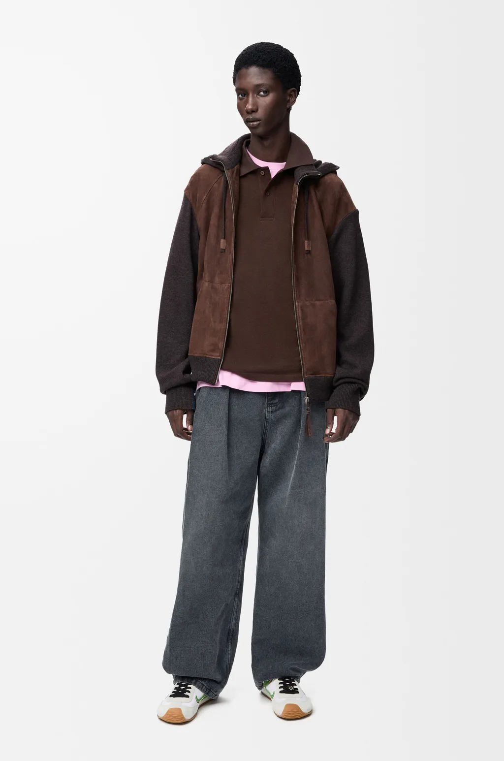 Hybrid Zip-Up Hoodie In Suede Goatskin And Wool Blend