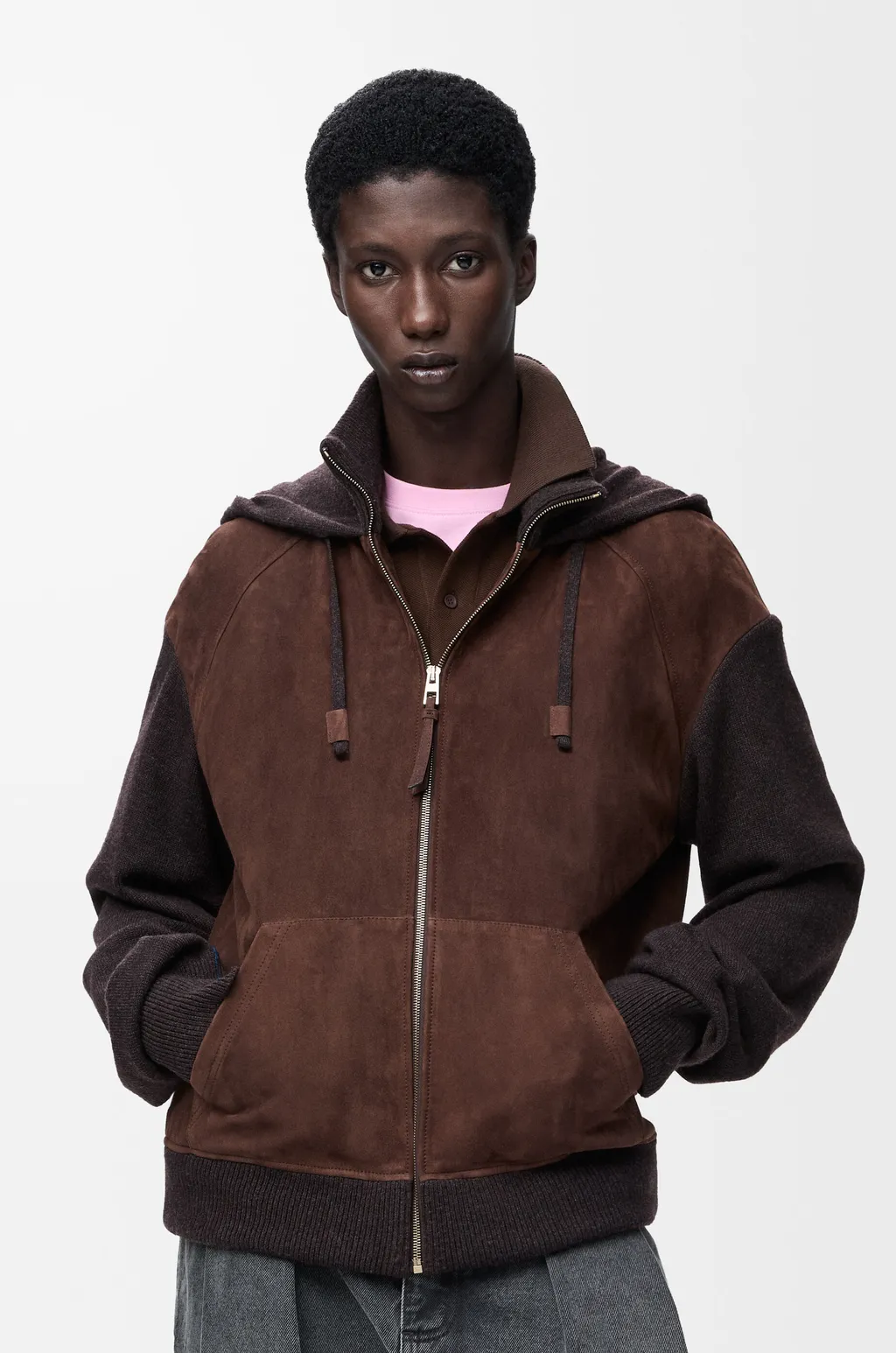 Hybrid Zip-Up Hoodie In Suede Goatskin And Wool Blend