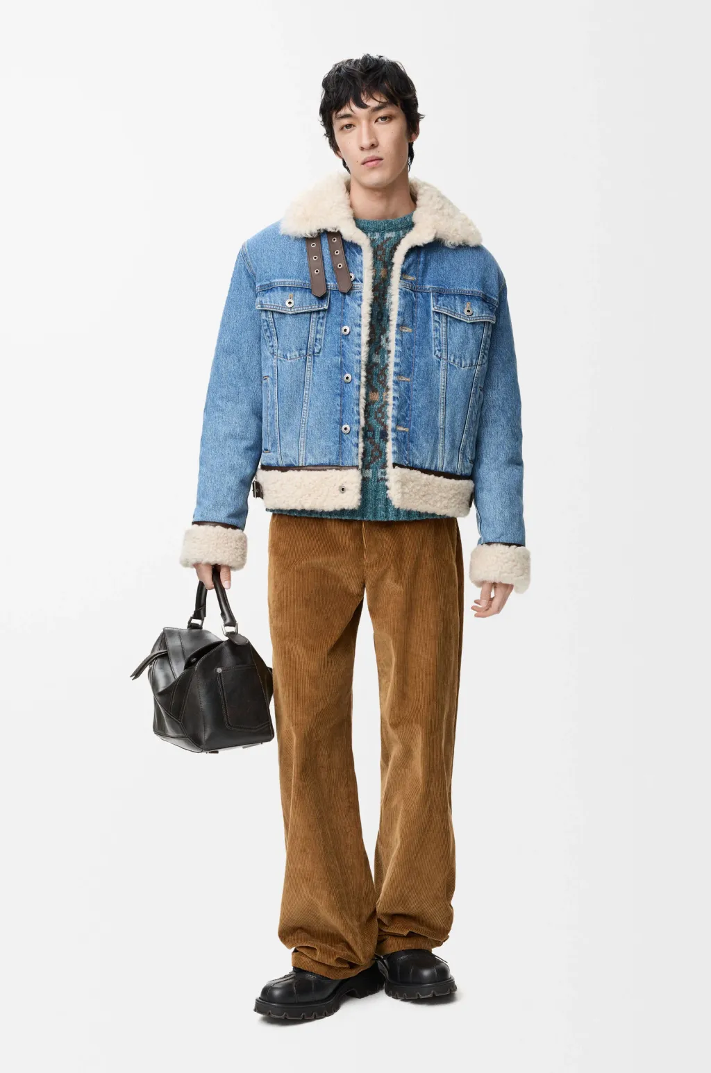 Trucker Jacket In Denim And Shearling