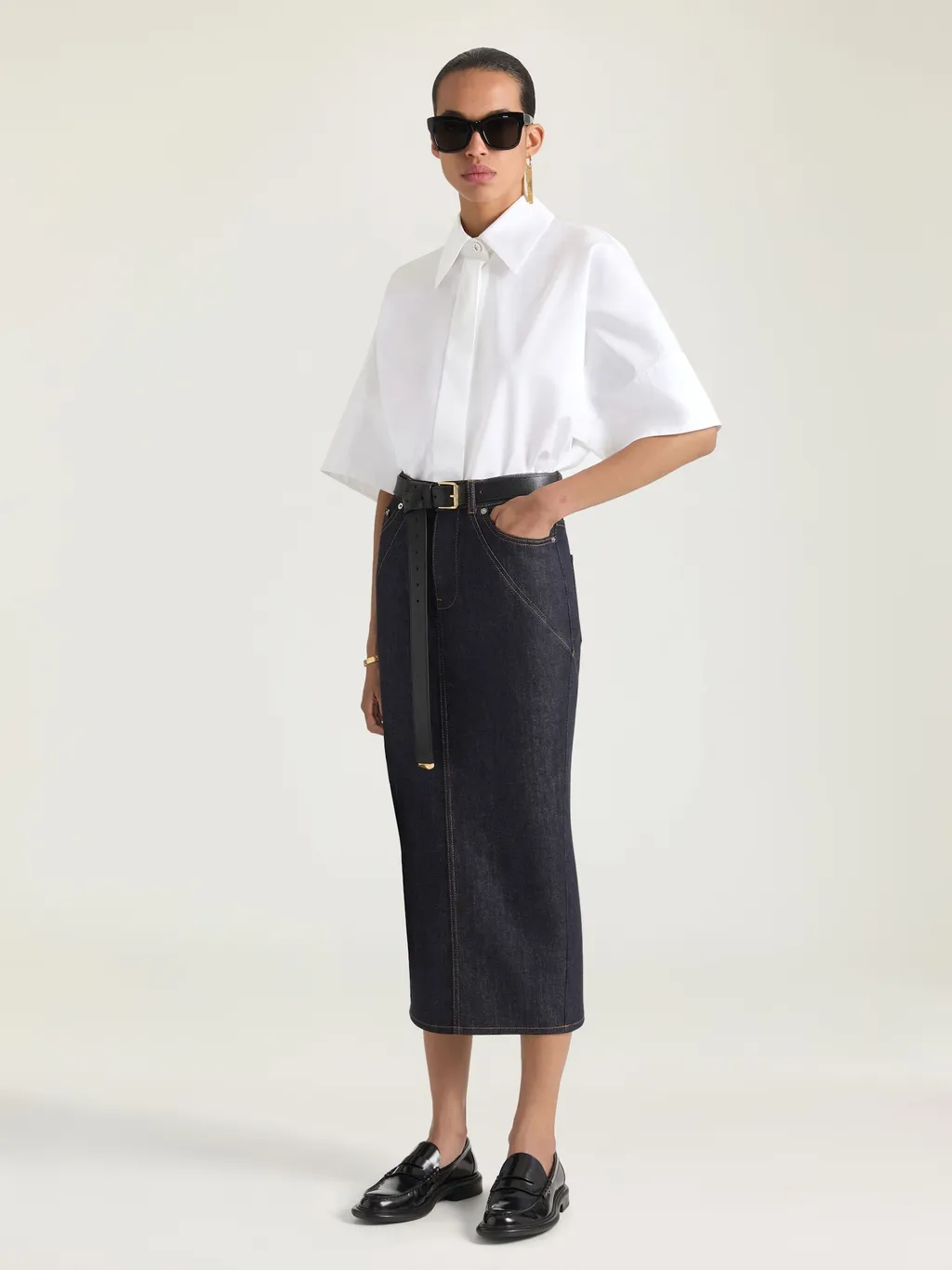 Midi Kickback Skirt In Raw Denim