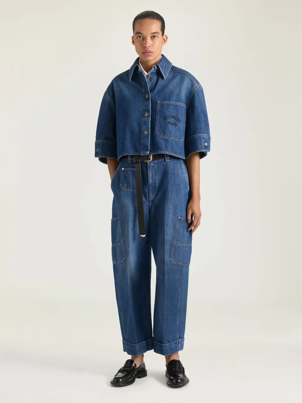 Cropped Cocoon Shirt In Medium Blue Denim