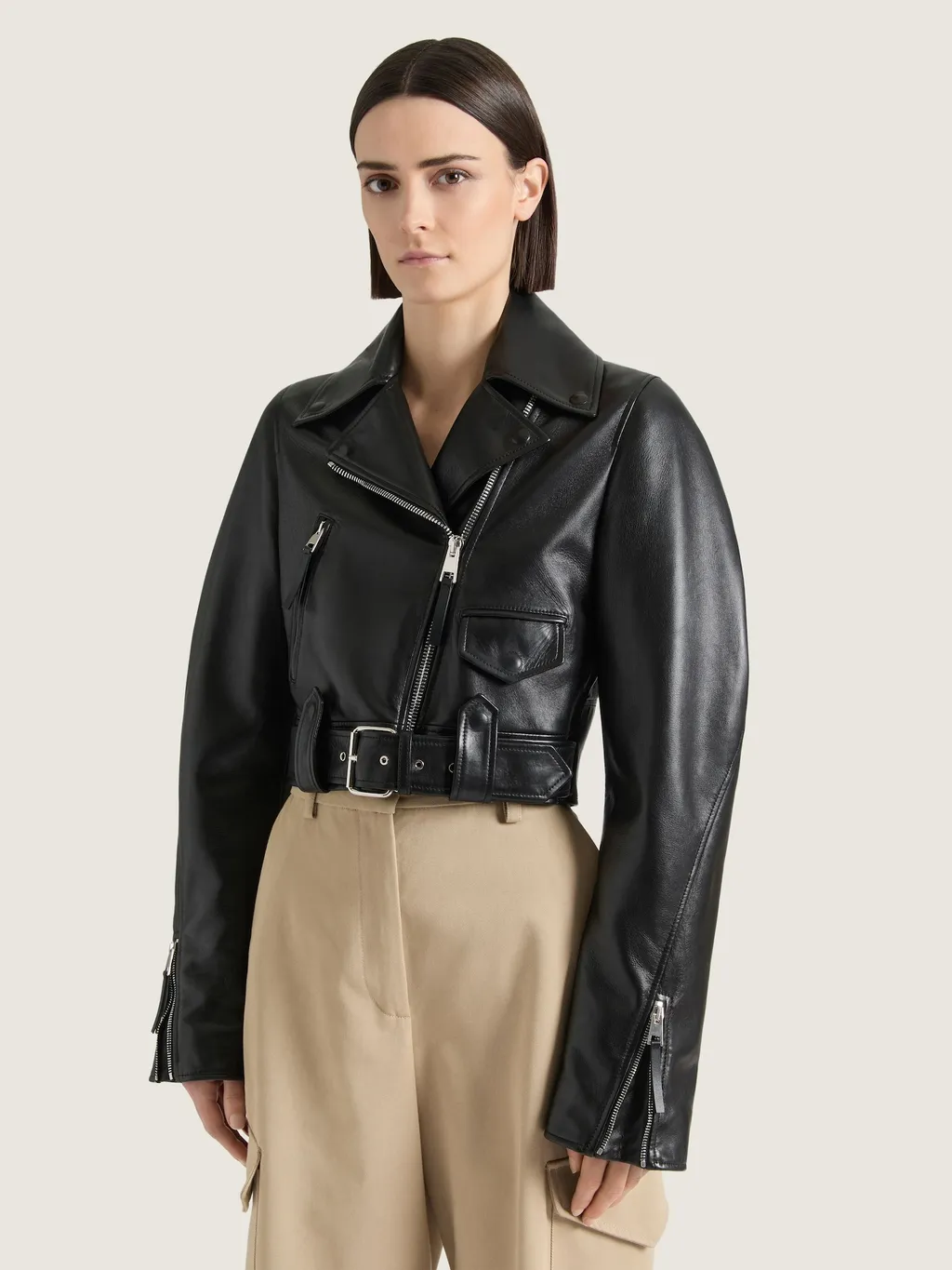 Cropped Cocoon Biker Jacket In Leather