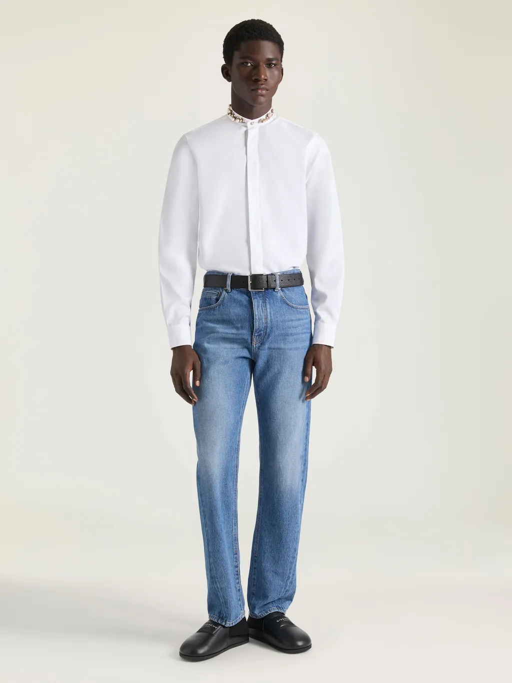 Slim Fit Shirt In Poplin With Embroidered Pearls