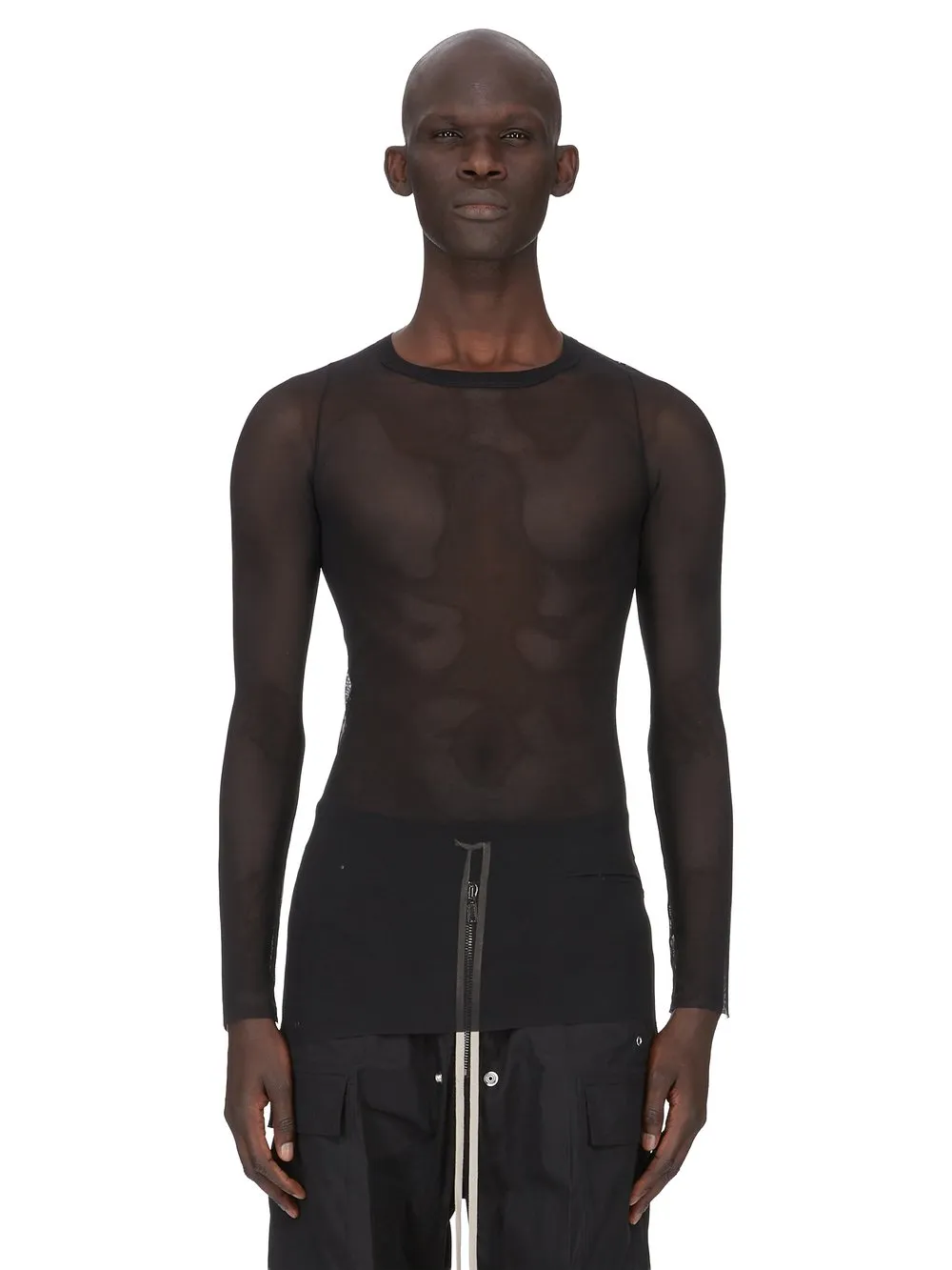 Rick Owens Temple Rib Ls T In Black Stretch Tulle