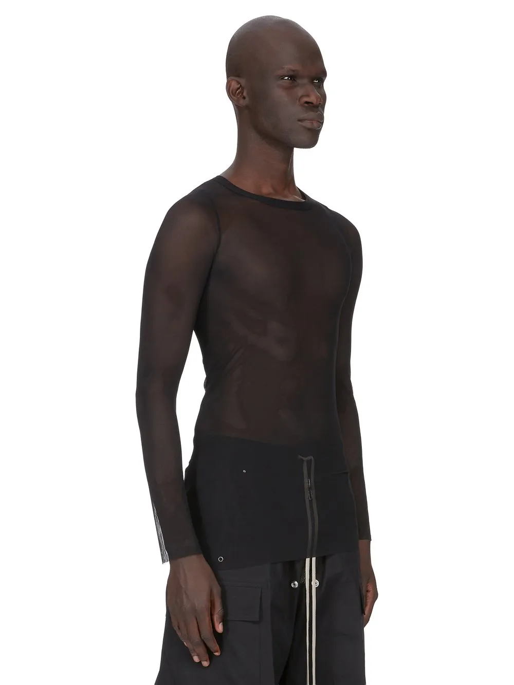 Rick Owens Temple Rib Ls T In Black Stretch Tulle