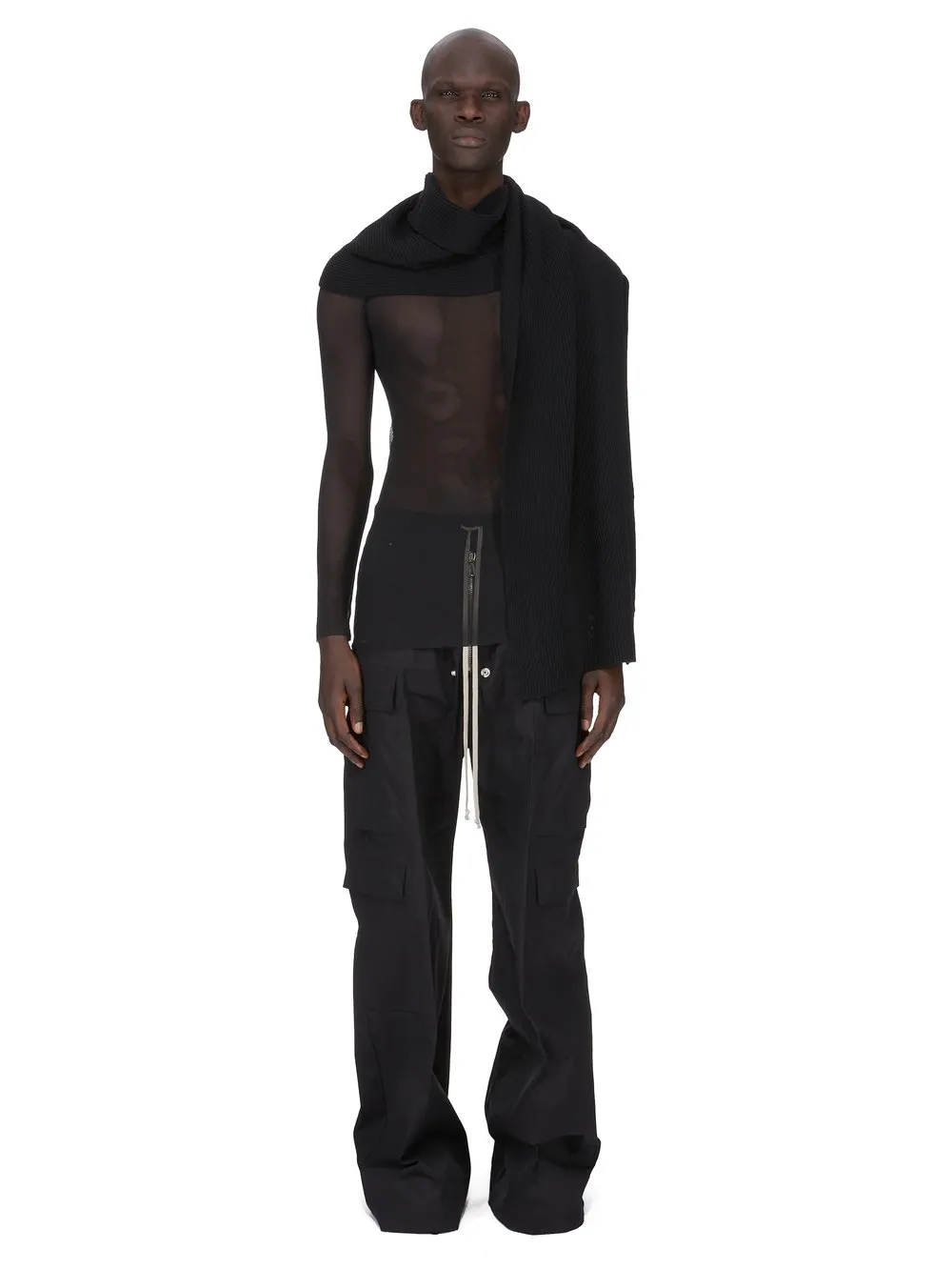 Rick Owens Temple Rib Ls T In Black Stretch Tulle