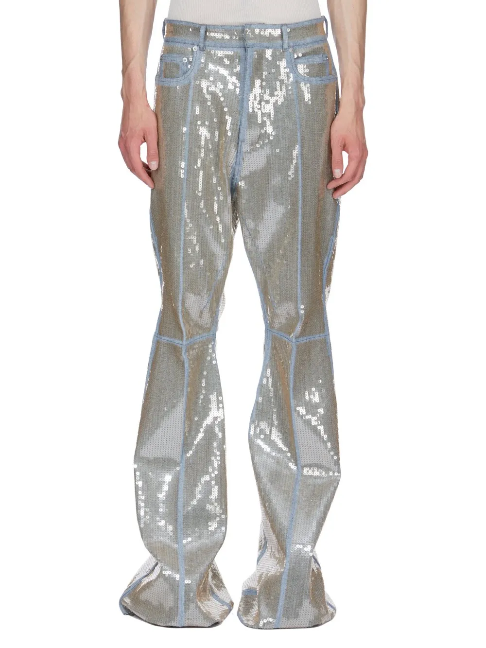 Rick Owens Temple Bolan Bootcut In Blue/Sand Sequin Embroidered Stretch Denim