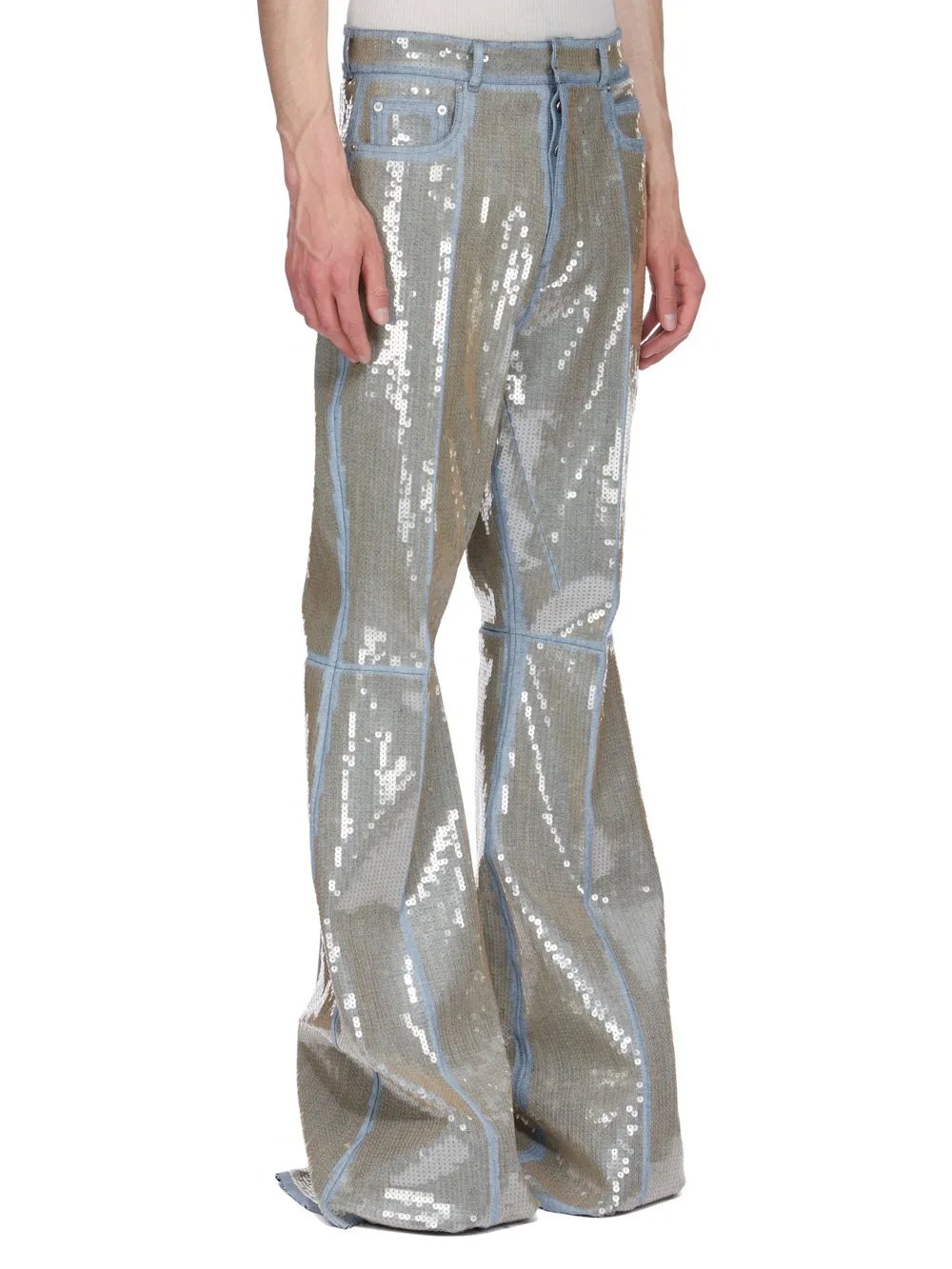 Rick Owens Temple Bolan Bootcut In Blue/Sand Sequin Embroidered Stretch Denim