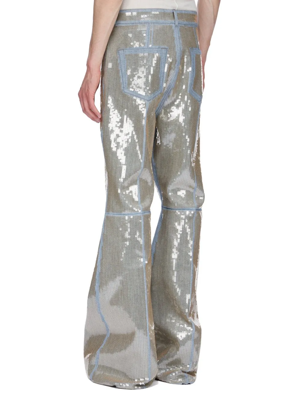 Rick Owens Temple Bolan Bootcut In Blue/Sand Sequin Embroidered Stretch Denim
