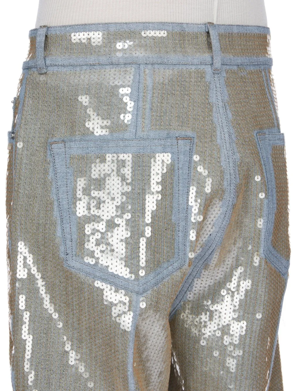 Rick Owens Temple Bolan Bootcut In Blue/Sand Sequin Embroidered Stretch Denim