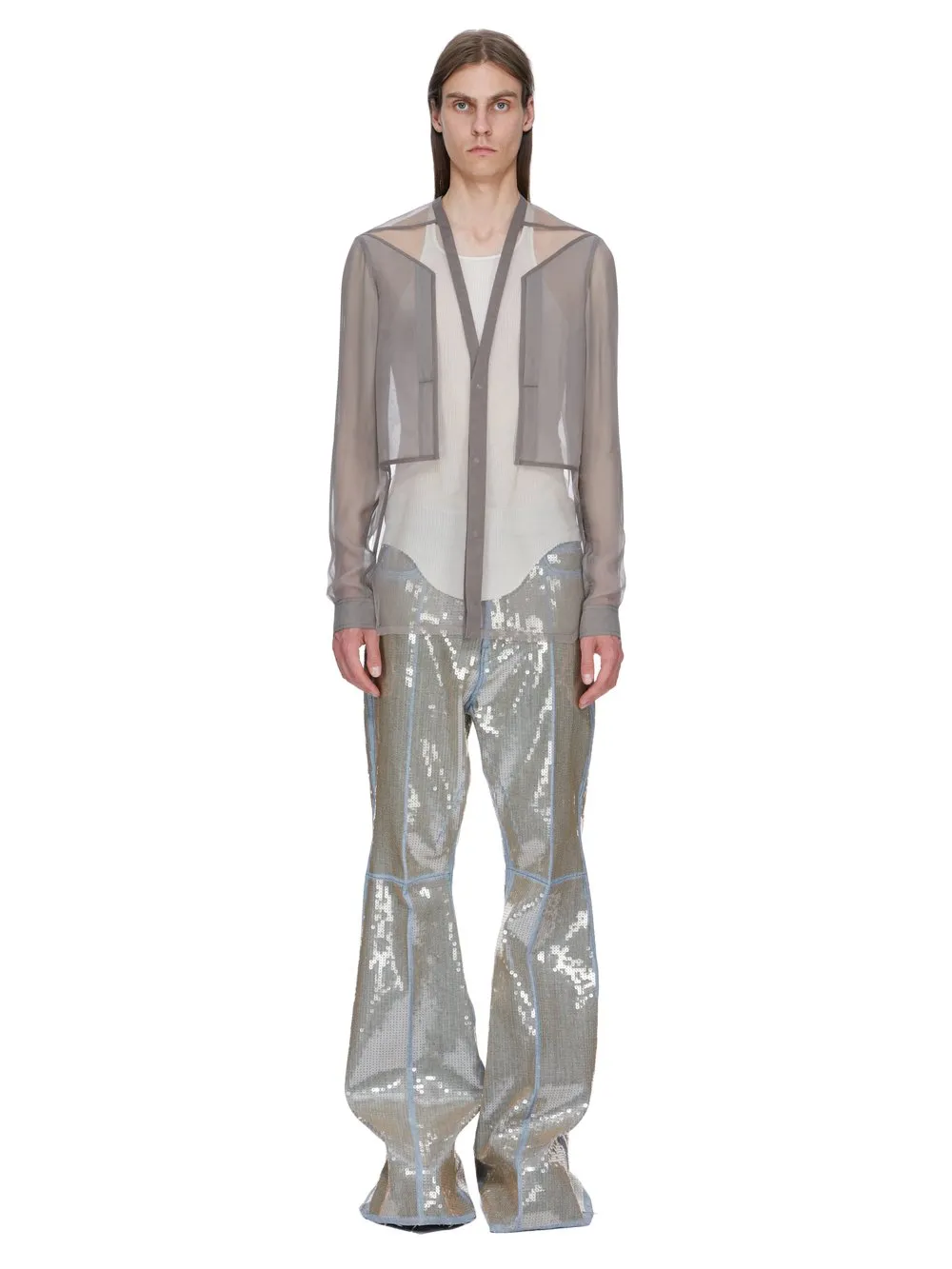 Rick Owens Temple Bolan Bootcut In Blue/Sand Sequin Embroidered Stretch Denim