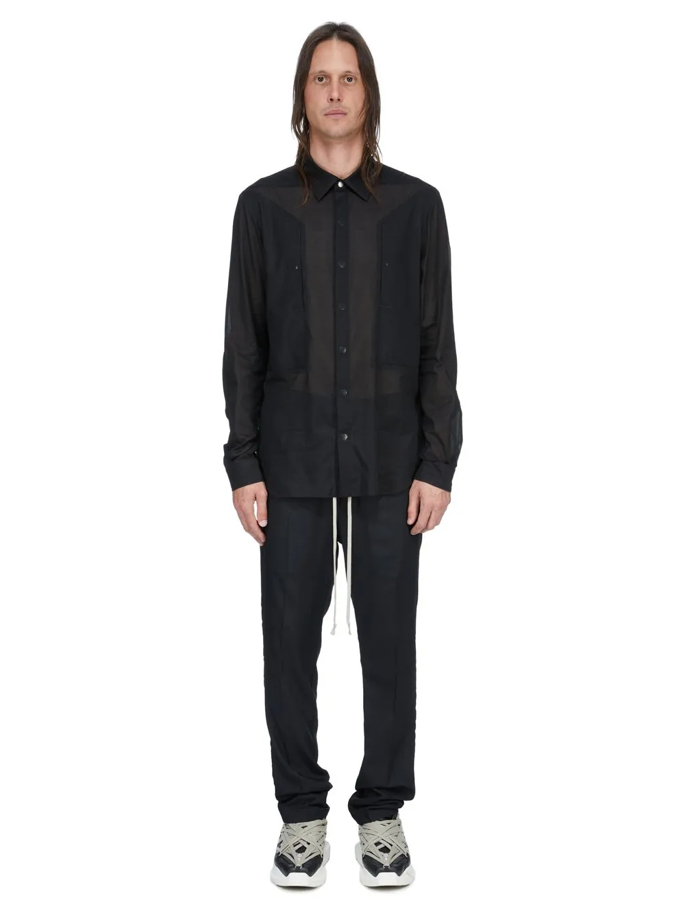 Rick Owens Temple Drawstring Slim Long In Black Wool Gauze