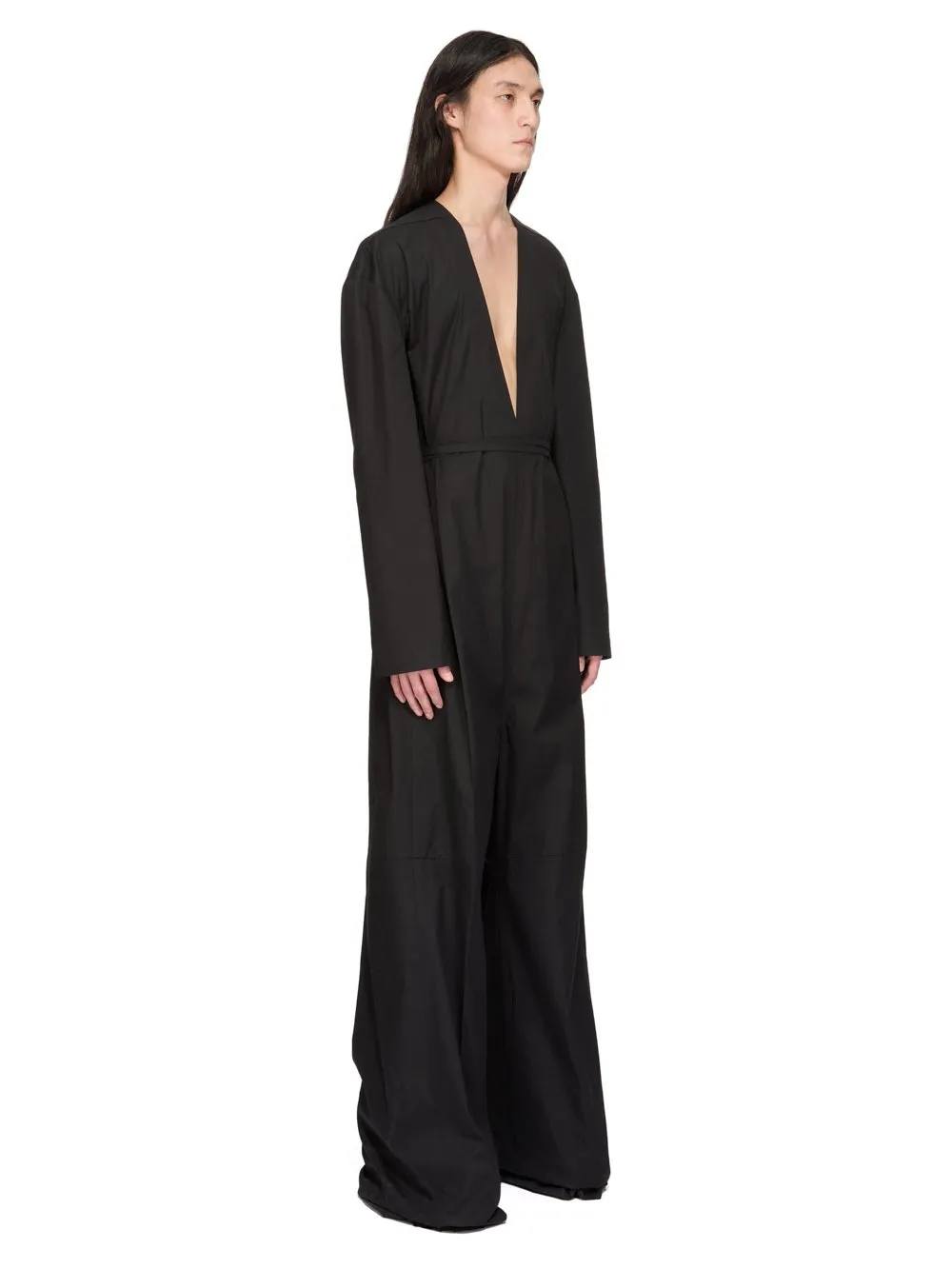 Rick Owens Temple Ls Long Jumpsuit In Black Heavy Poplin