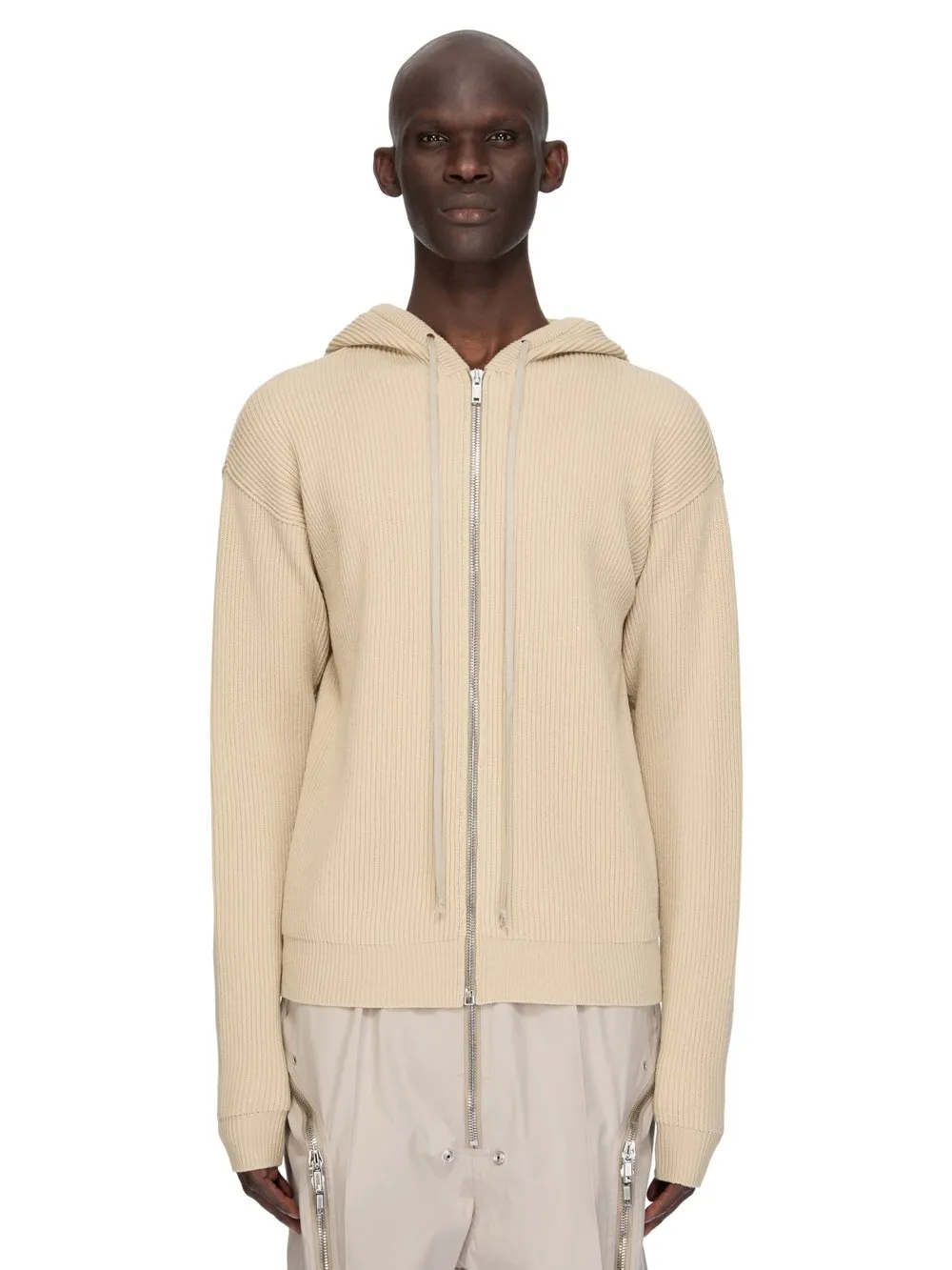 Rick Owens Temple Zipped Hoodie In Sand Heavy Wool Knit