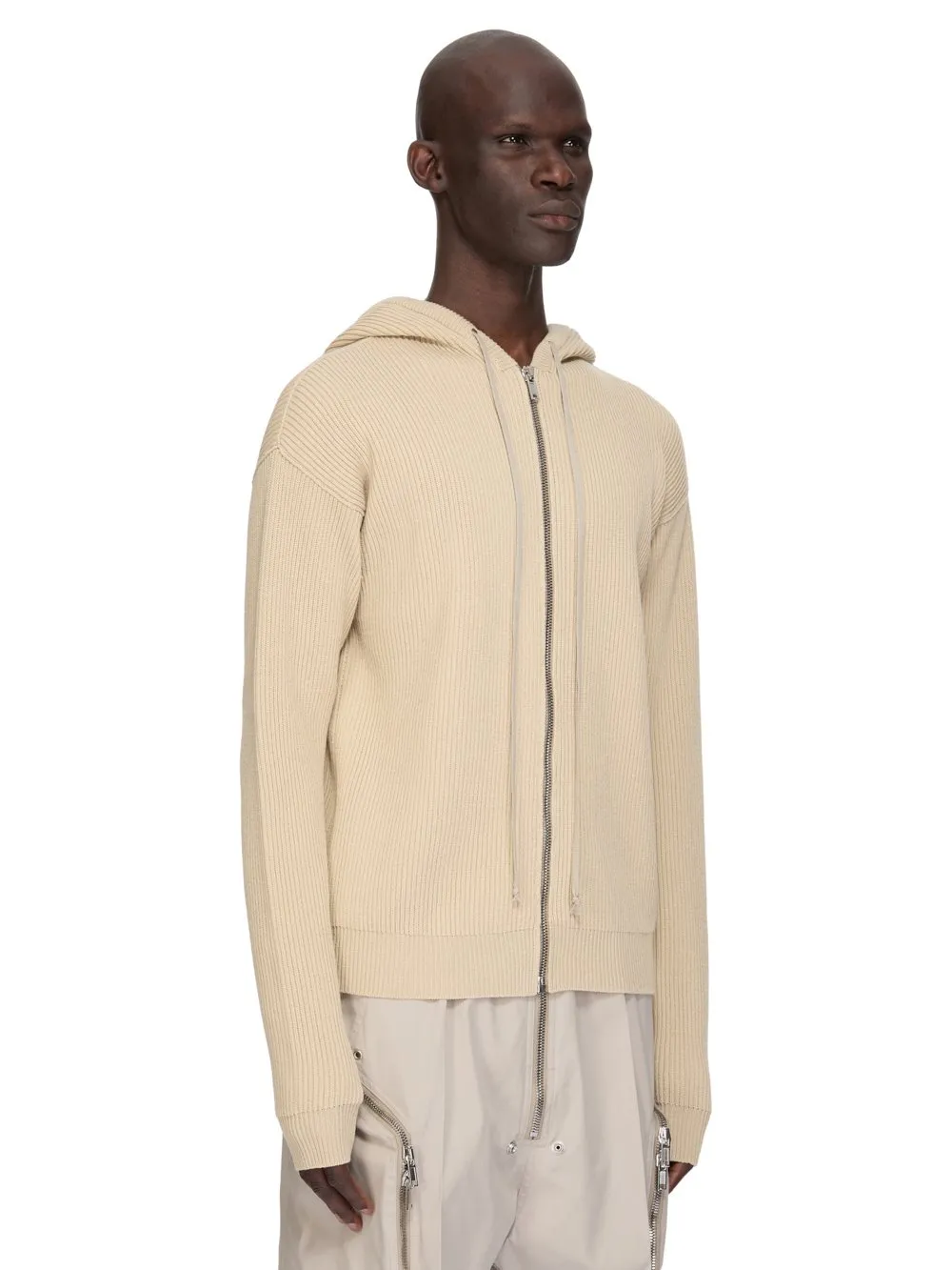 Rick Owens Temple Zipped Hoodie In Sand Heavy Wool Knit