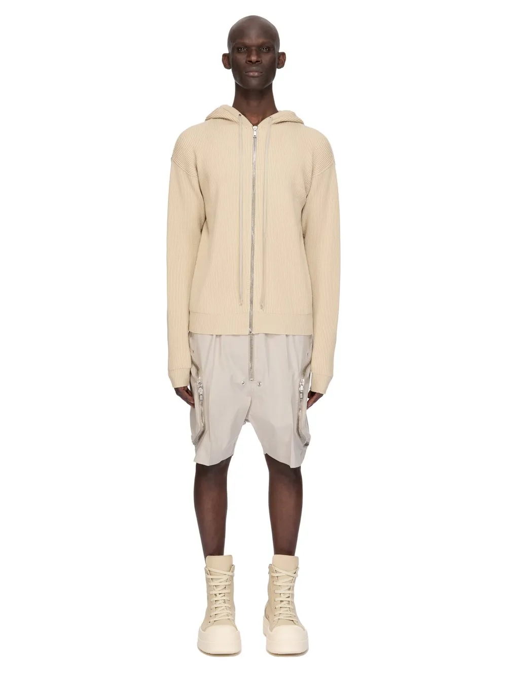 Rick Owens Temple Zipped Hoodie In Sand Heavy Wool Knit