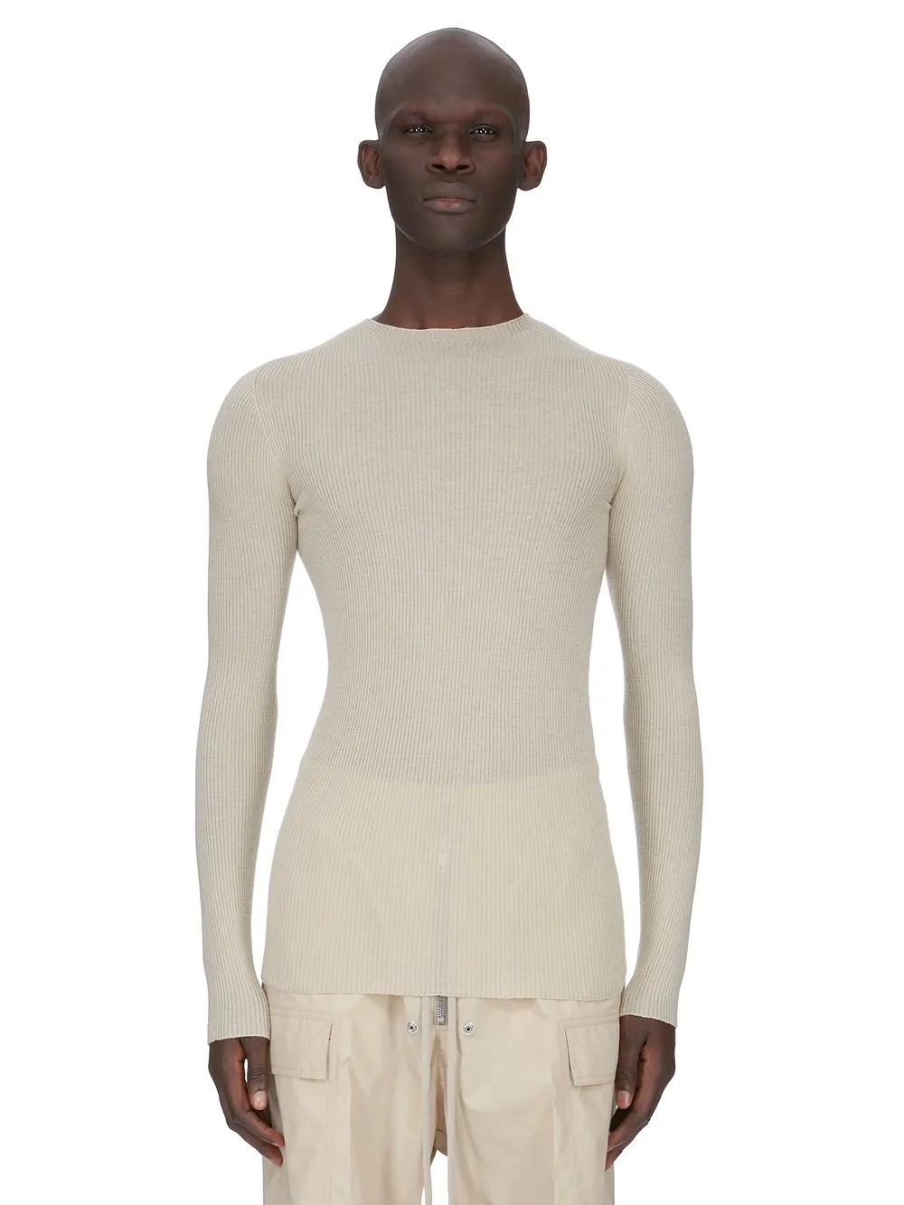 Rick Owens Temple Ribbed Round Neck In Sand Ribbed Knit