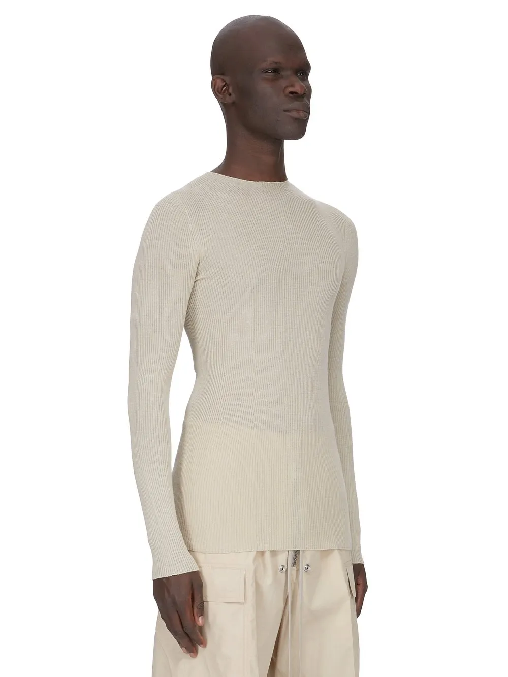 Rick Owens Temple Ribbed Round Neck In Sand Ribbed Knit