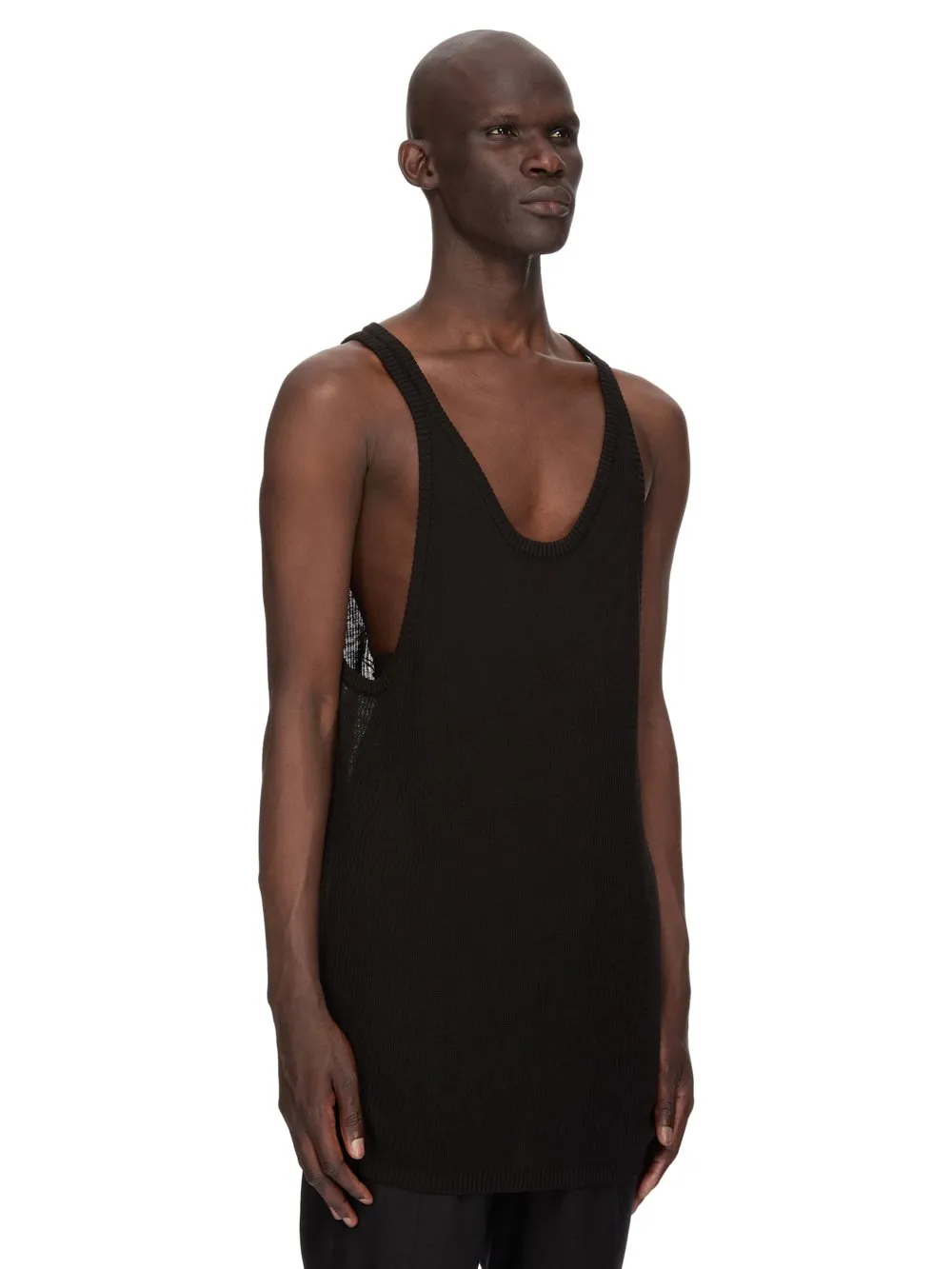 Rick Owens Temple Sheer Tank In Black Ribbed Knit