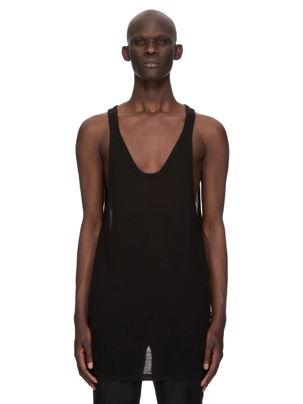 Rick Owens Temple Sheer Tank In Black Ribbed Knit