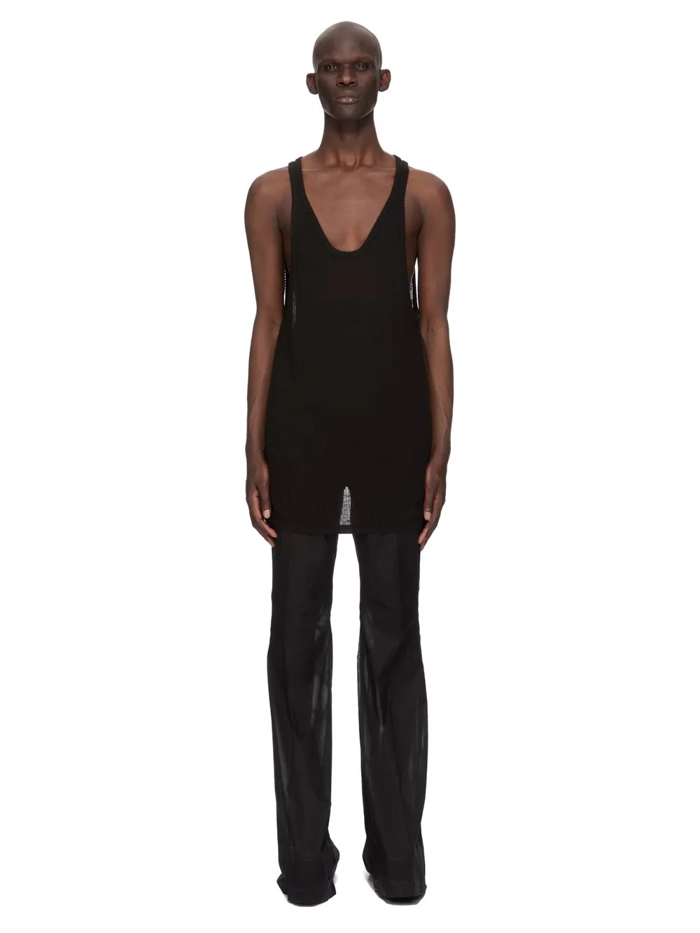 Rick Owens Temple Sheer Tank In Black Ribbed Knit