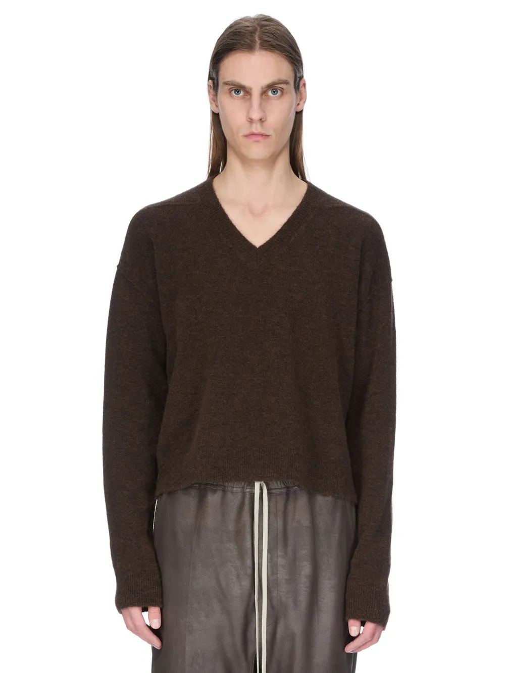 Rick Owens Concordians Tommy V Neck In Brown Alpaca Knit