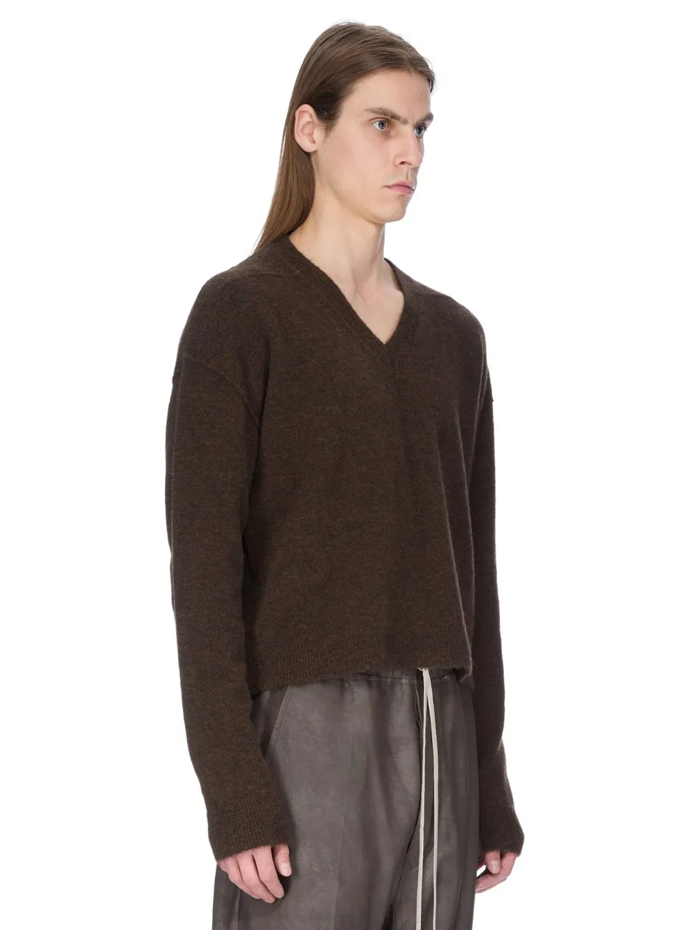 Rick Owens Concordians Tommy V Neck In Brown Alpaca Knit