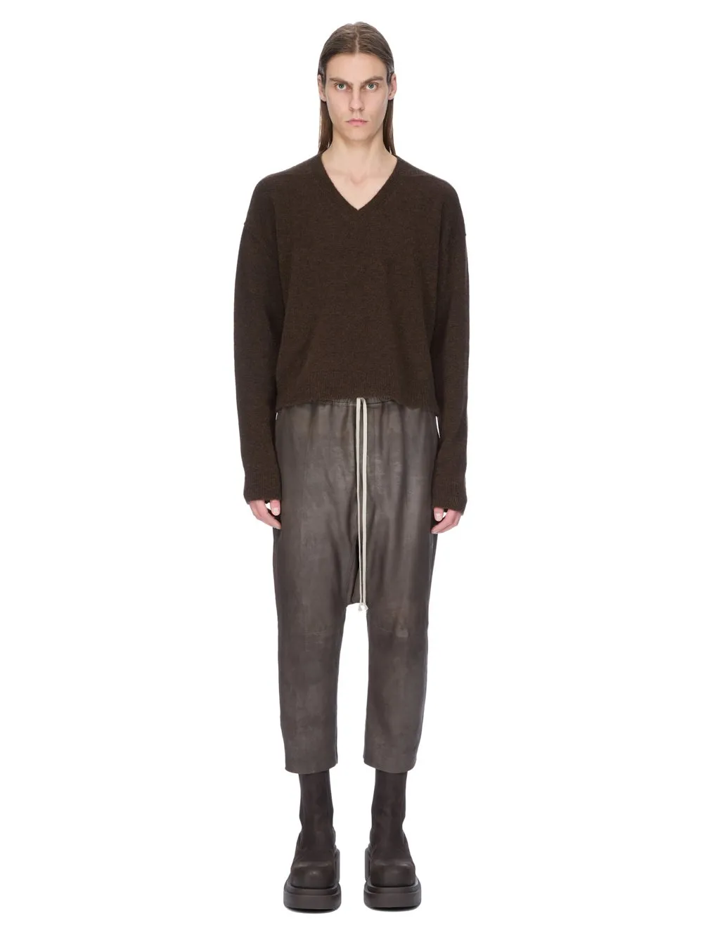 Rick Owens Concordians Tommy V Neck In Brown Alpaca Knit