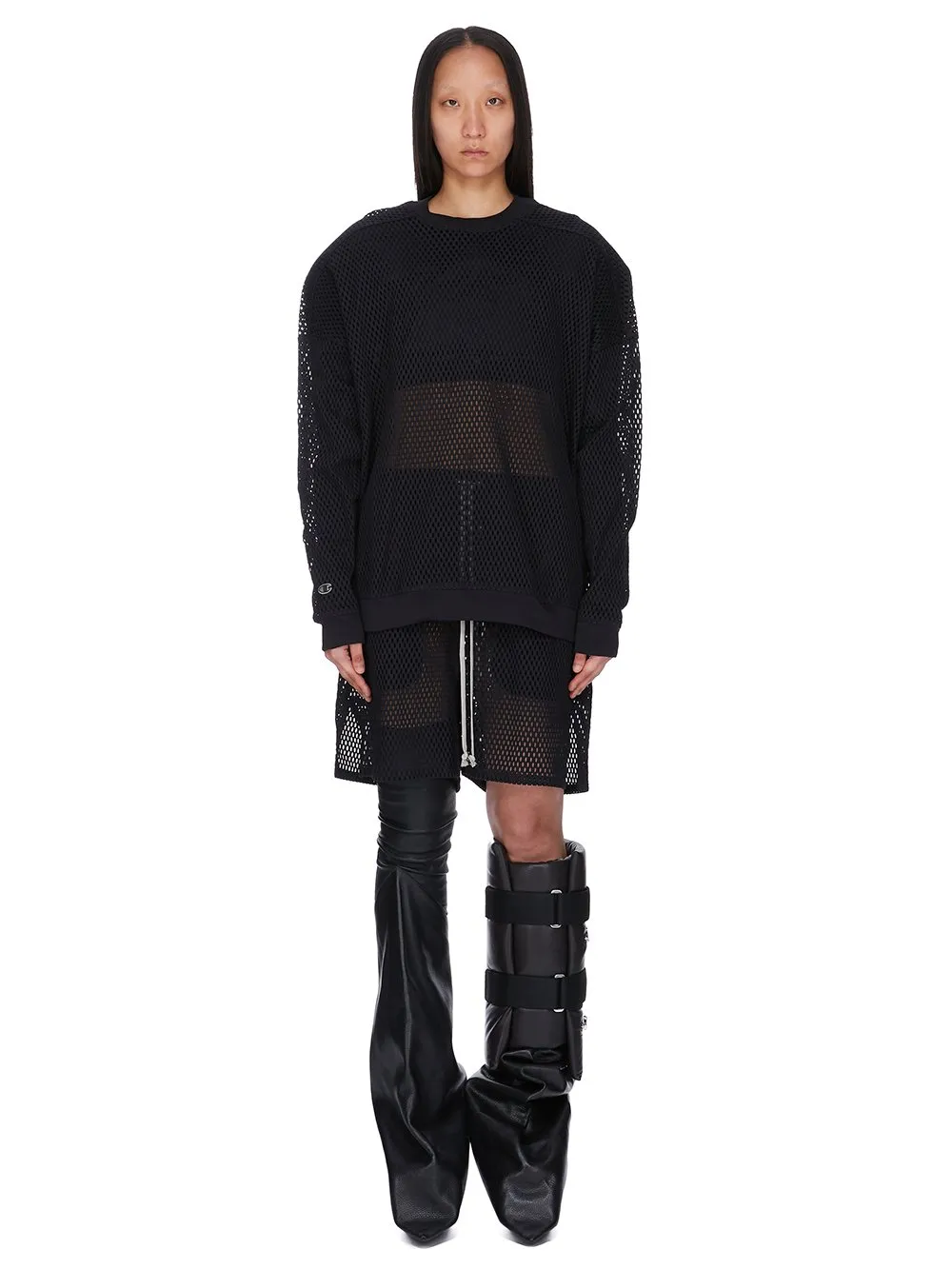Champion X Rick Owens Jumbo Sweat In Black Open Mesh Jersey