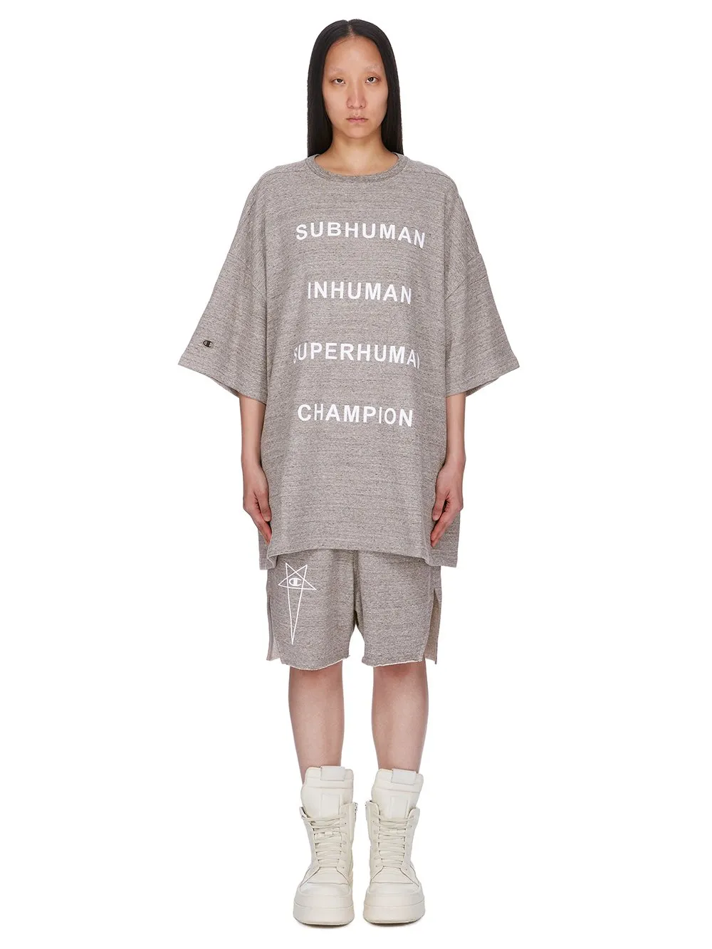 Champion X Rick Owens Tommy T In Grey Melange Melange Felpa Jersey