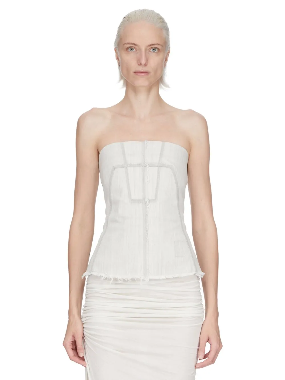 Drkshdw Temple Bustier Top In Milk Wash Stretch Denim