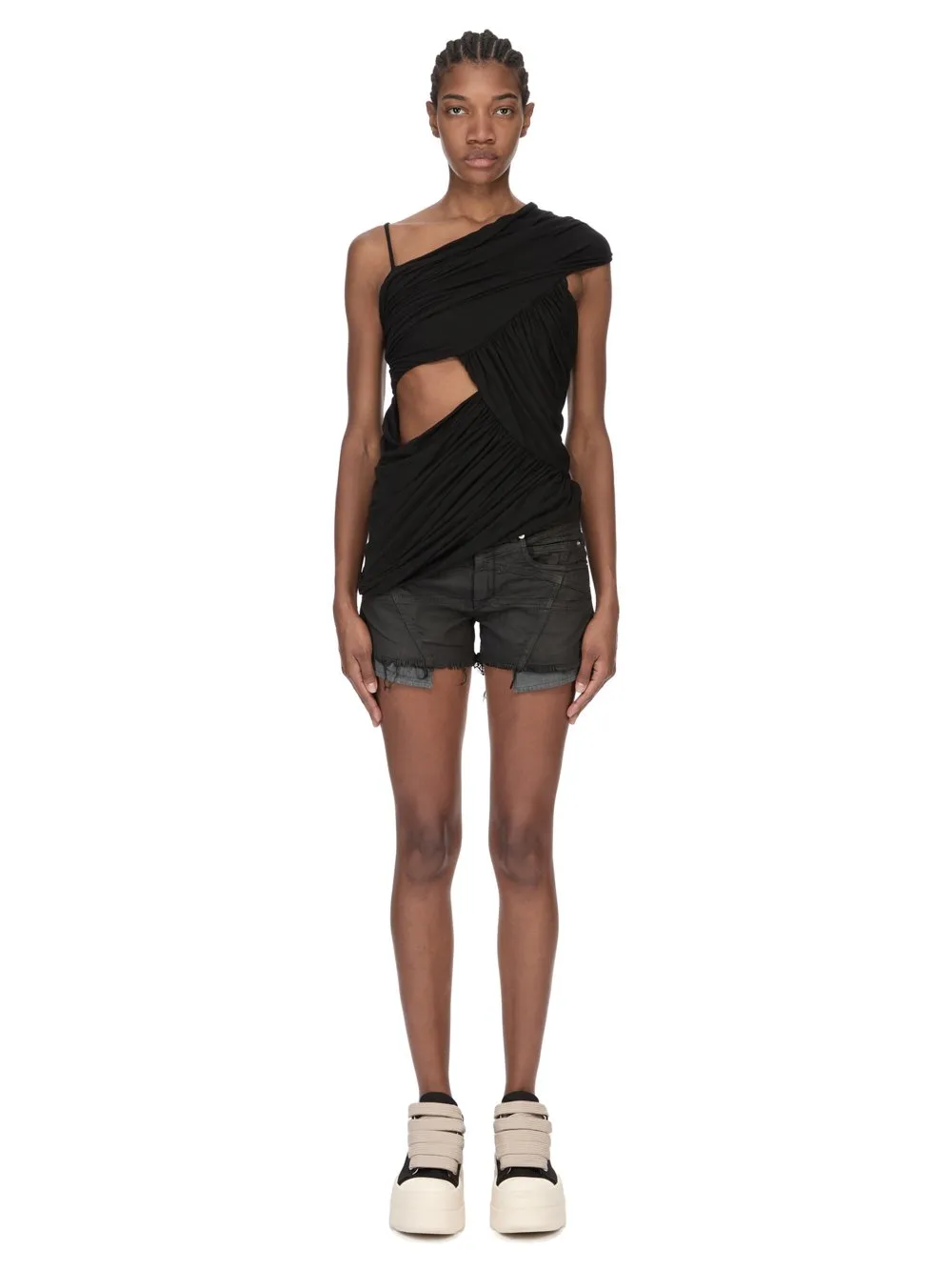 Drkshdw Temple Lana Cut Offs In Black 8Oz Deep Black Denim