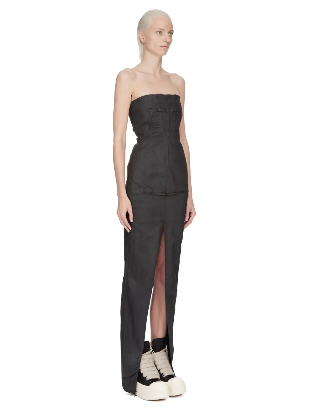 Drkshdw Temple Sliced Bustier Dress In Deep Black Stretch Denim