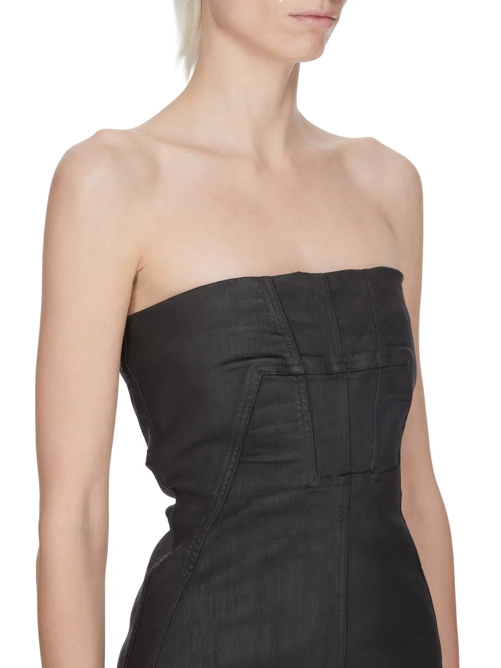 Drkshdw Temple Sliced Bustier Dress In Deep Black Stretch Denim