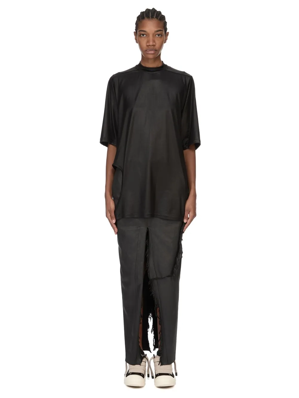 Drkshdw Temple Denim Sliced Skirt In Deep Black Stretch Denim