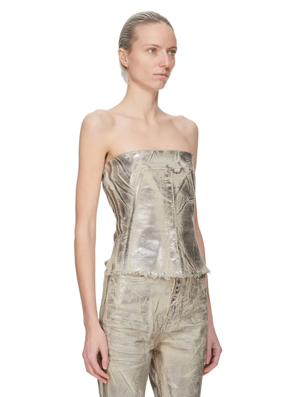 Drkshdw Concordians Bustier Top In Palladium Foil Stretch Denim