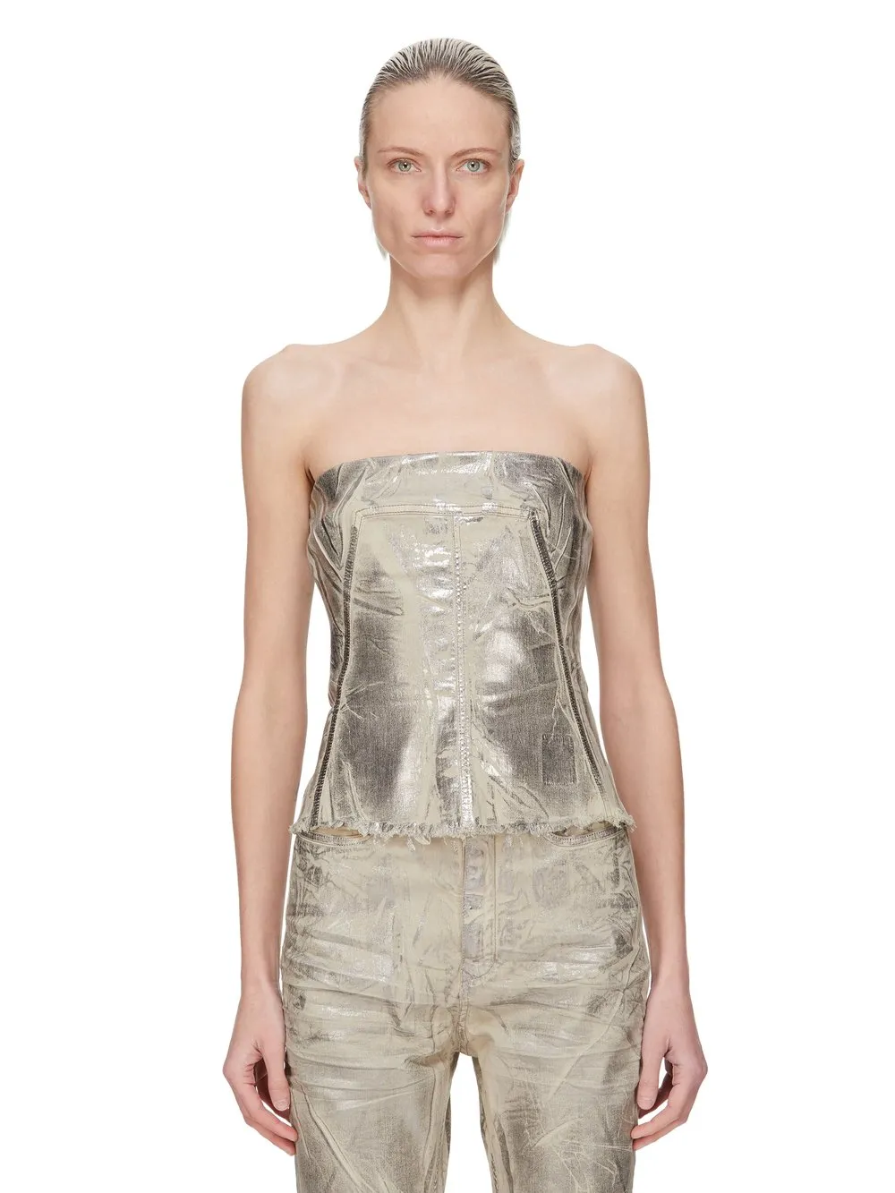 Drkshdw Concordians Bustier Top In Palladium Foil Stretch Denim