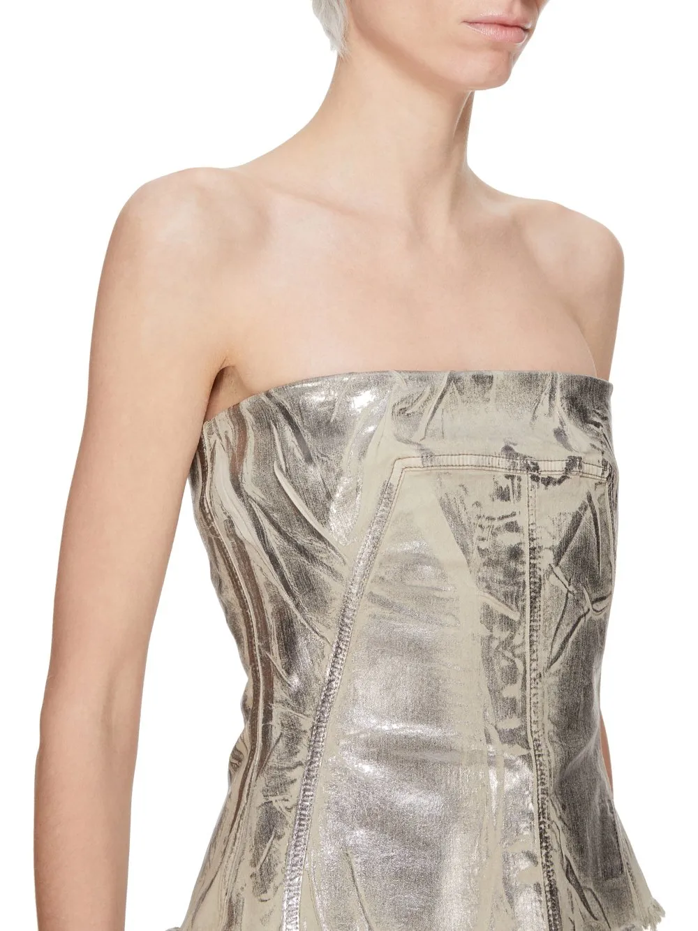 Drkshdw Concordians Bustier Top In Palladium Foil Stretch Denim