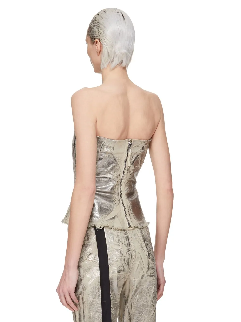 Drkshdw Concordians Bustier Top In Palladium Foil Stretch Denim
