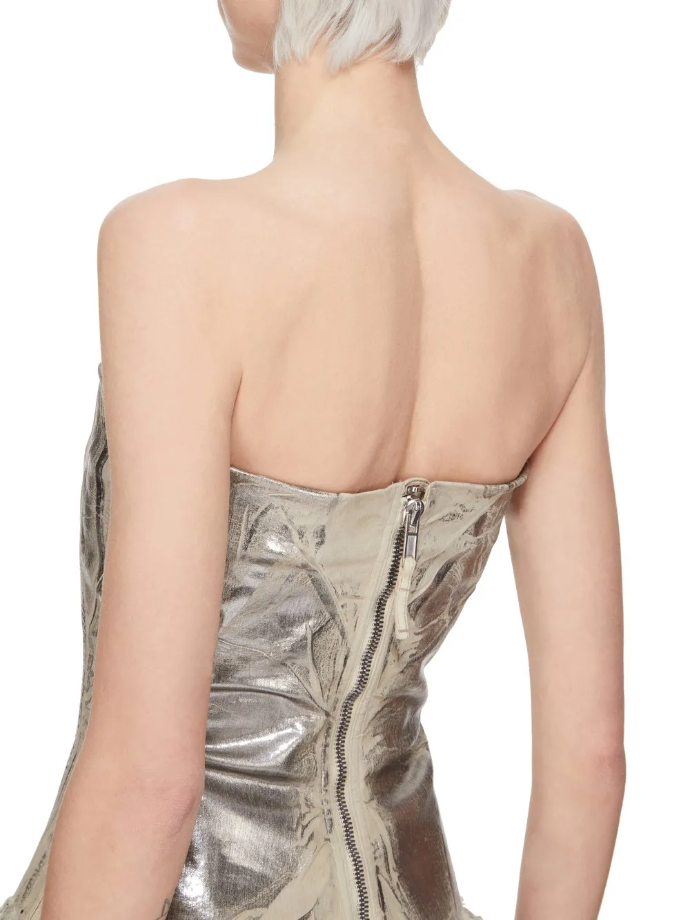 Drkshdw Concordians Bustier Top In Palladium Foil Stretch Denim