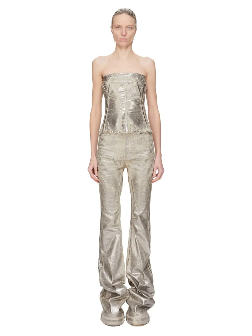 Drkshdw Concordians Bustier Top In Palladium Foil Stretch Denim
