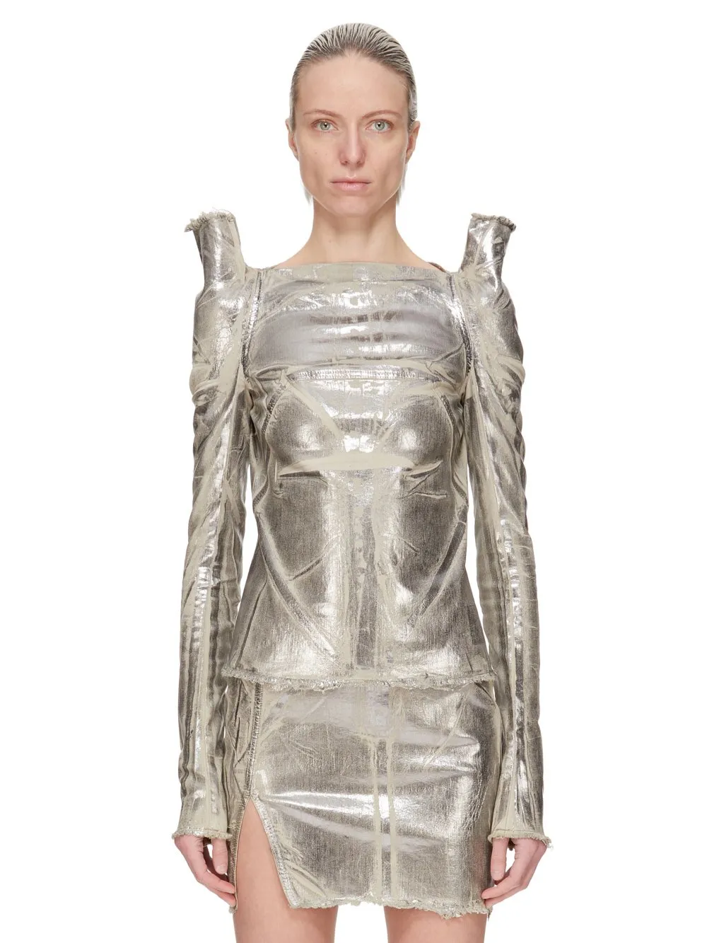 Drkshdw Concordians Tec Top In Palladium Foil Stretch Denim
