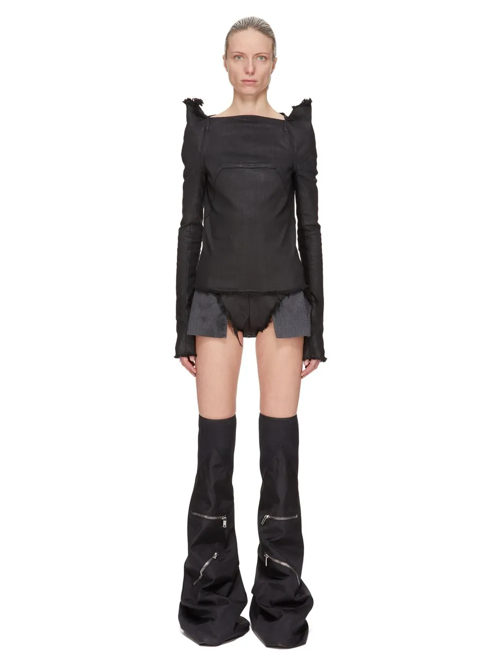 Drkshdw Concordians Dirt Cutoffs In Black Wax Stretch Denim