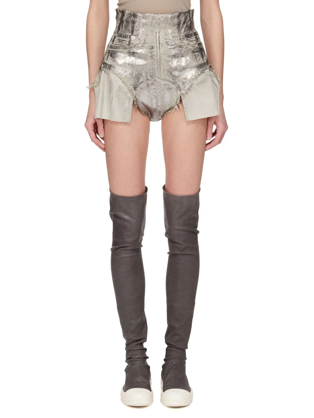 Drkshdw Concordians Dirt Cutoffs In Palladium Foil Stretch Denim