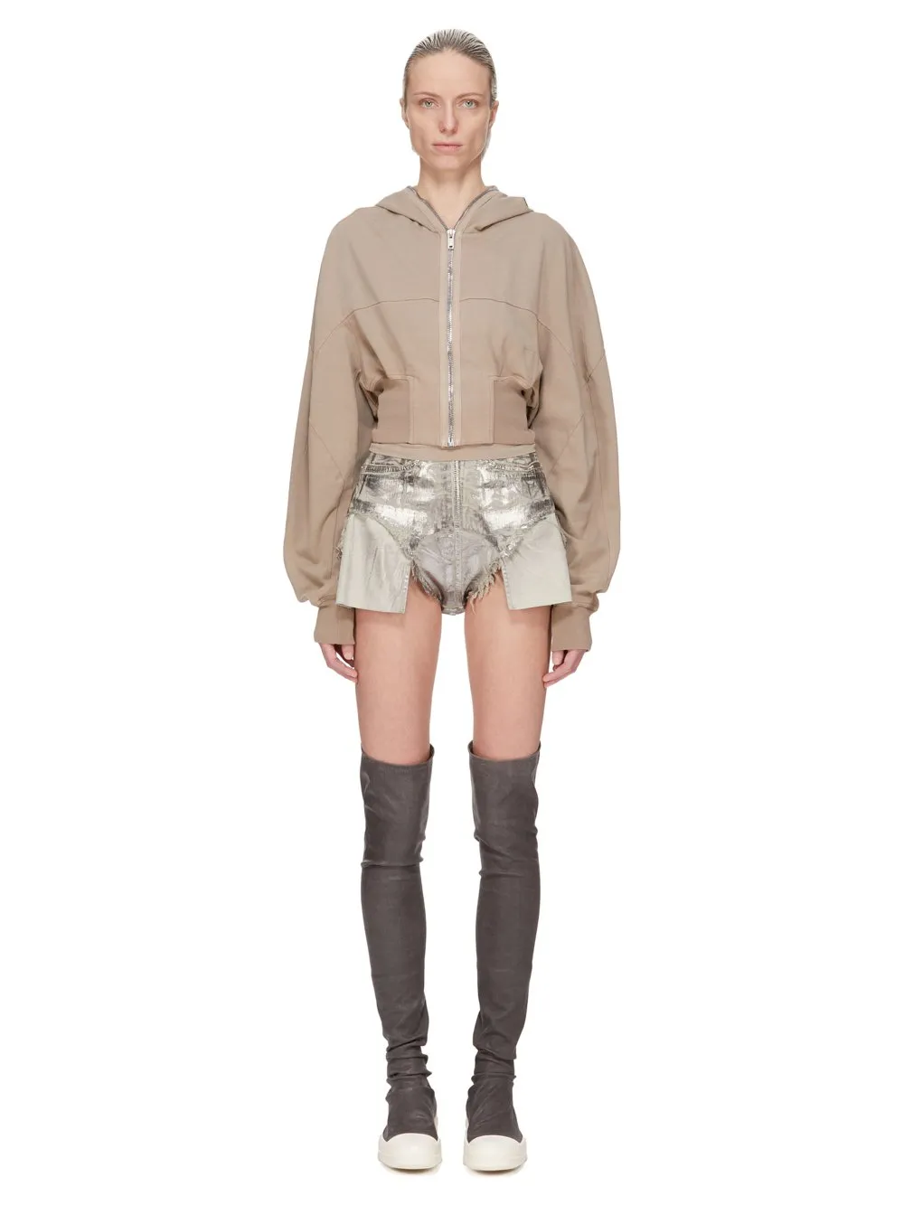 Drkshdw Concordians Dirt Cutoffs In Palladium Foil Stretch Denim
