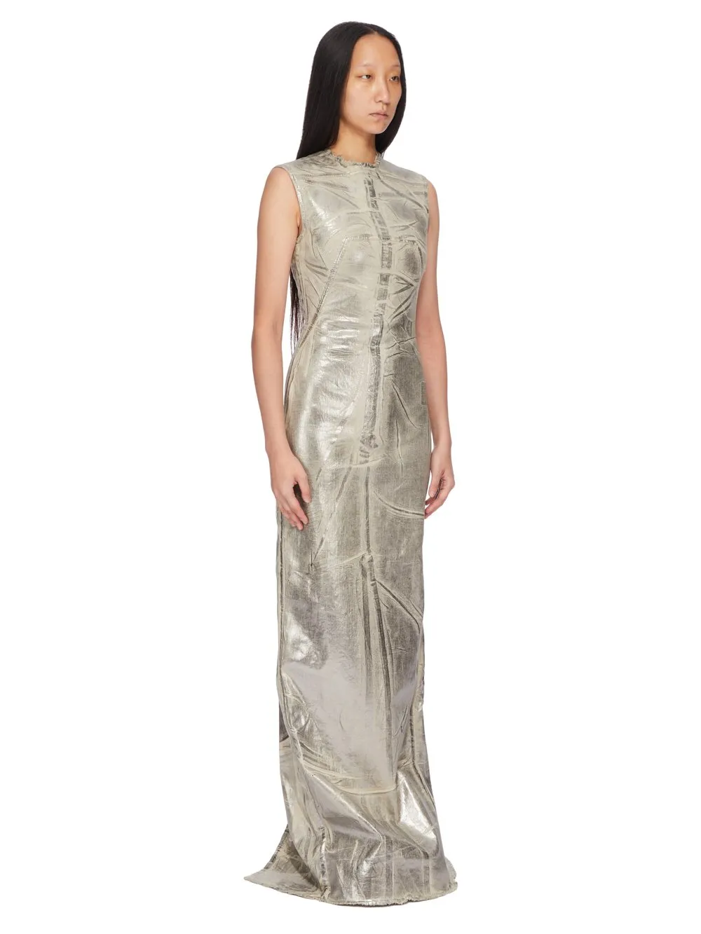 Drkshdw Concordians Column Dress In Palladium Foil Stretch Denim
