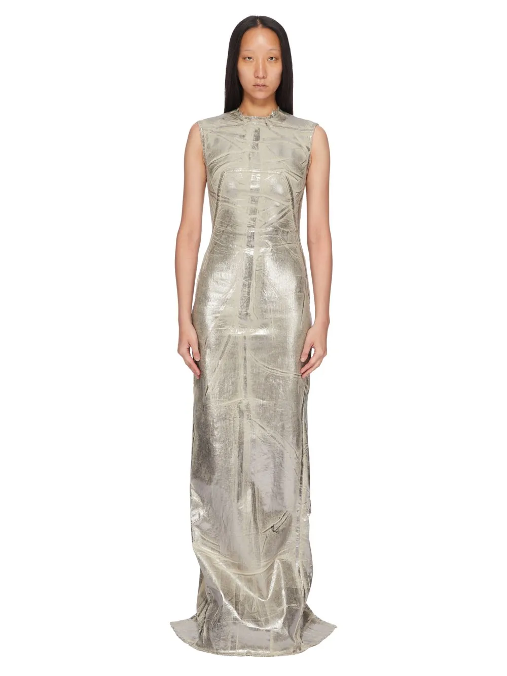 Drkshdw Concordians Column Dress In Palladium Foil Stretch Denim