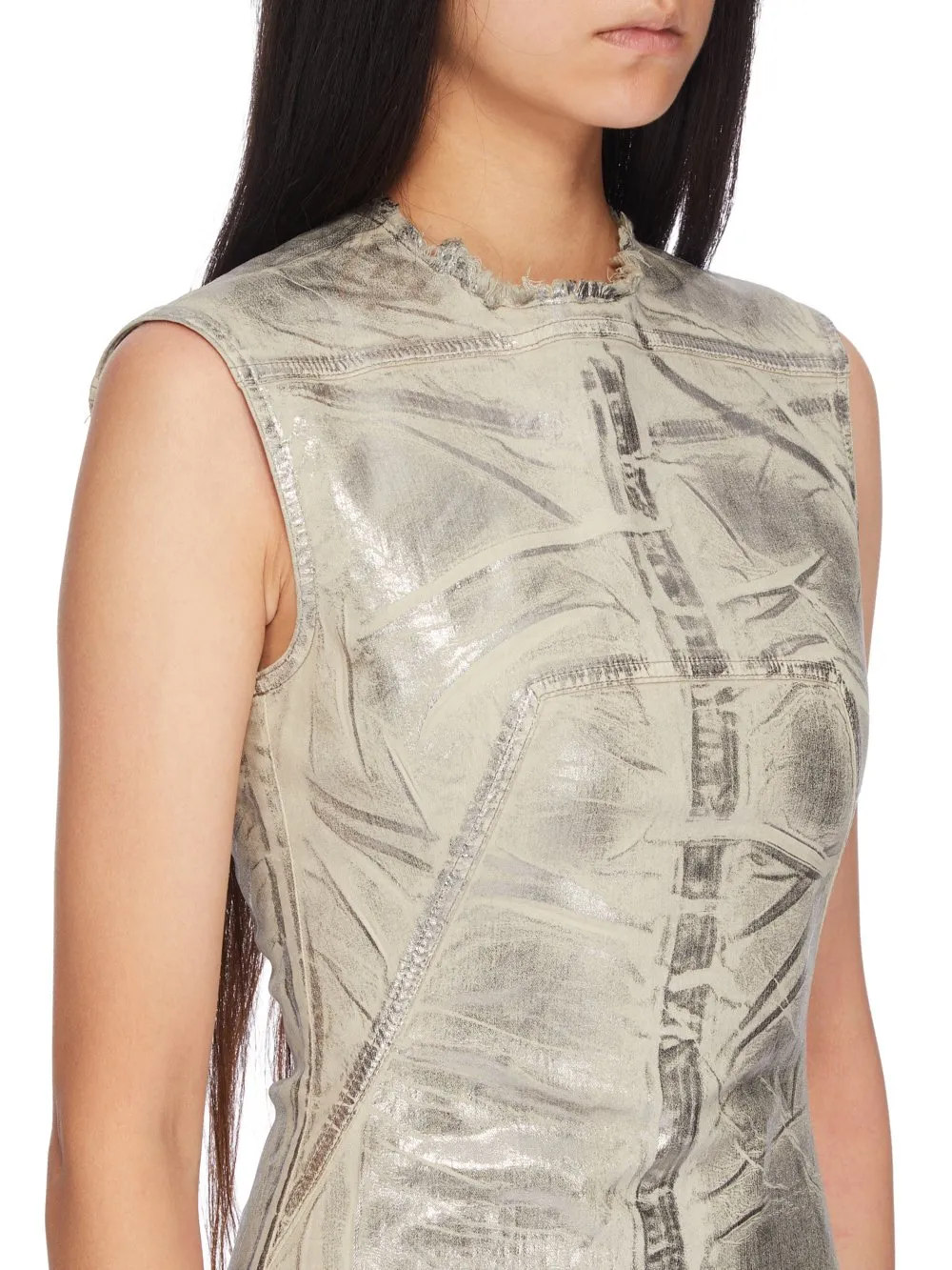 Drkshdw Concordians Column Dress In Palladium Foil Stretch Denim